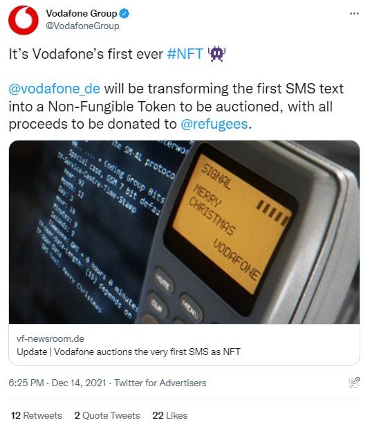 英國沃達(dá)豐公司也表示，計(jì)劃將拍賣所得全部捐贈(zèng)給聯(lián)合國難民署，以支持那些被迫逃離家園的人。(圖片來源：英國沃達(dá)豐公司社交媒體截圖)