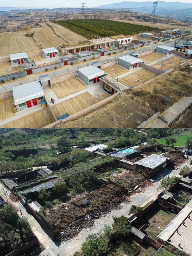 拼版照片，上圖是2022年1月山西省霍州市師莊鄉(xiāng)馮南垣村災(zāi)后恢復(fù)重建后的場(chǎng)景，下圖是2021年10月村莊因?yàn)?zāi)受損的場(chǎng)景。(霍州市委宣傳部供圖)