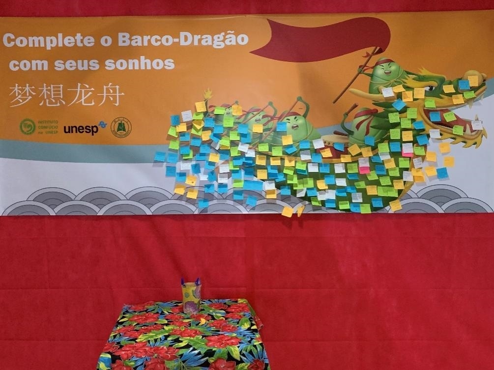 活動現(xiàn)場設(shè)置了“夢想龍舟”環(huán)節(jié)，大家將自己寫下的心愿貼在“龍舟”上，期盼“龍舟”承載自己的夢想駛向更美好的未來。（圣保羅州立大學(xué)孔子學(xué)院供圖）