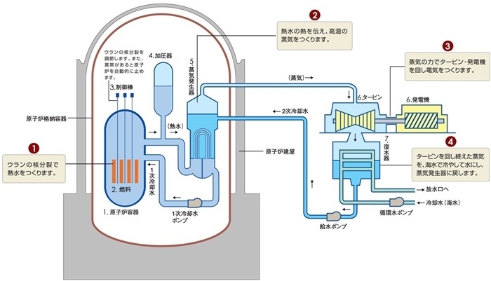 核電站運(yùn)作原理圖。通常的核電站排水未直接接觸核燃料。（圖片來源：日本北海道電力株式會社網(wǎng)站）
