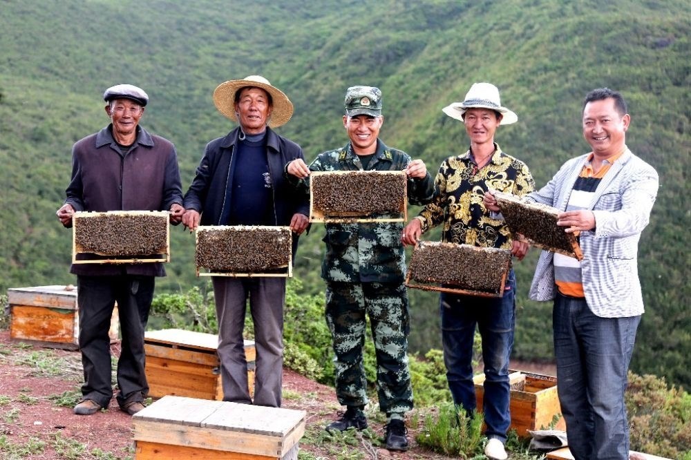 ↑武警四川總隊涼山支隊精準幫扶昭覺縣梭梭拉打村發(fā)展養(yǎng)蜂產(chǎn)業(yè)，總隊駐村扶貧干部布哈（中）和村民一同展示豐收成果（2019年6月12日攝）。新華社發(fā)（楊劍 攝）
