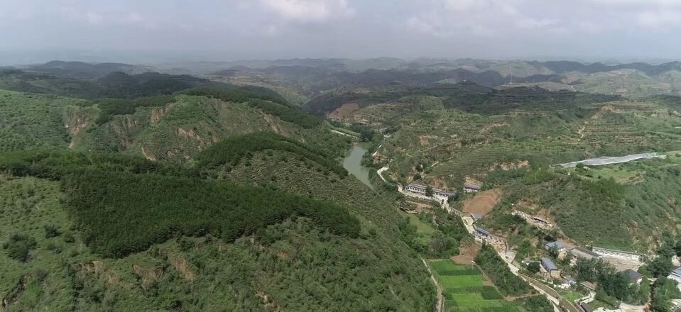 黃土溝壑中的高西溝村滿眼綠色（無人機照片，2023年7月26日）。新華社記者陳昌奇 攝