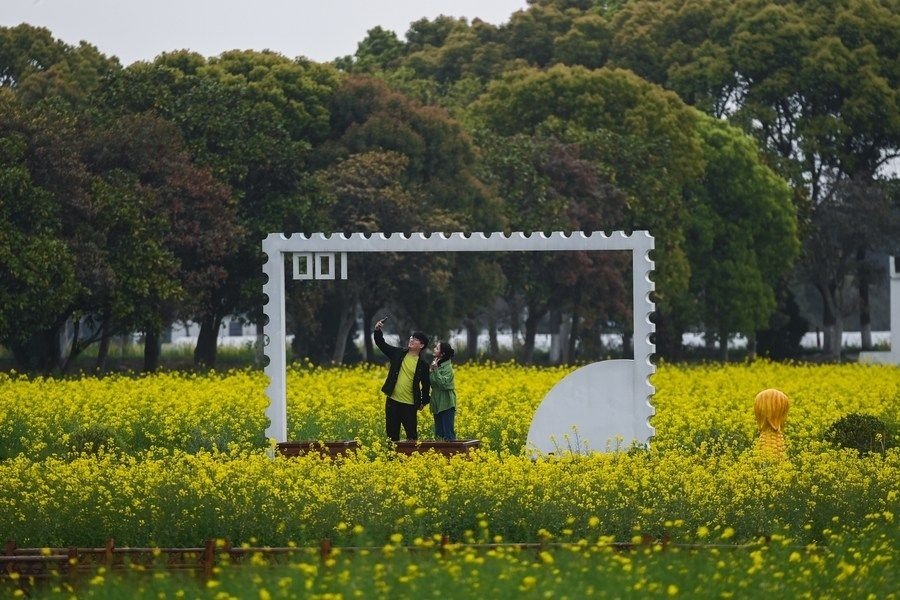  游客在浙江嘉興市秀洲區(qū)王店鎮(zhèn)鎮(zhèn)中村的“青青樂地”農(nóng)耕文化園內(nèi)游玩（2023年4月3日攝）。