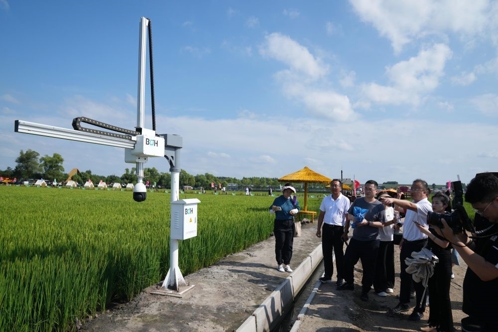 在北大荒集團(tuán)閆家崗農(nóng)場(chǎng)有限公司農(nóng)業(yè)現(xiàn)代化示范區(qū)，工作人員在介紹利用數(shù)字技術(shù)的葉齡診斷儀（2023年8月10日攝）。新華社記者 王建威 攝
