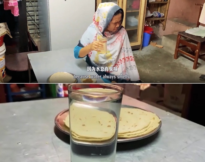 圖為紀實短片截圖：上圖為水質未改善前，飲用水發(fā)黃渾濁；下圖為水廠建成后，飲用水水質明顯改善，清澈透明。