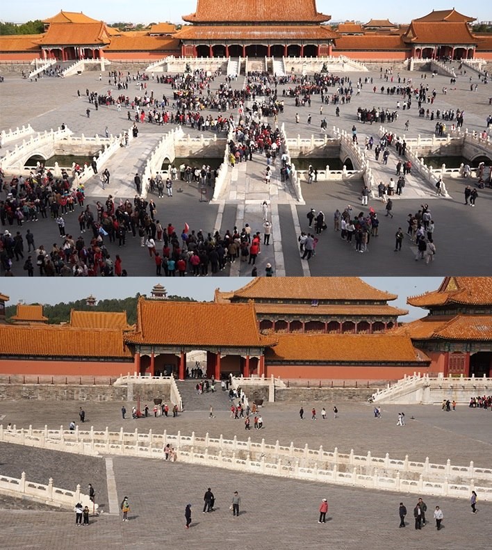 上午9時(shí)和下午13時(shí)的太和門(mén)廣場(chǎng)客流對(duì)比。故宮博物院供圖