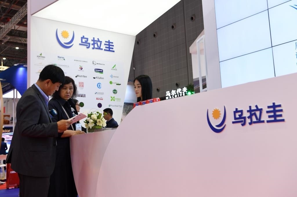 2019年11月6日，參觀者在第二屆進(jìn)博會(huì)烏拉圭國家館展臺(tái)咨詢。