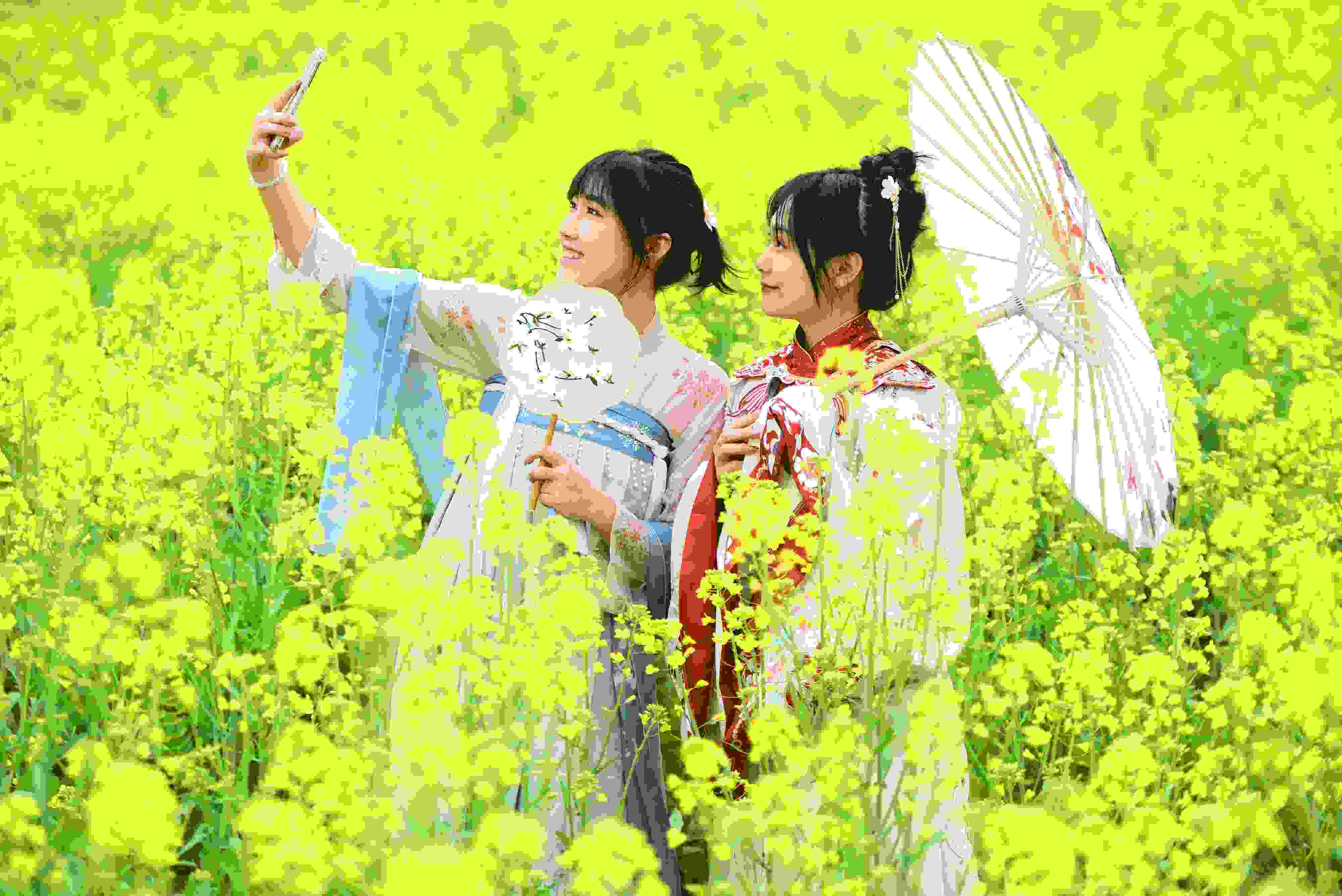 △ 2024年2月16日，廣西賀州，在富川瑤族自治縣麥嶺鎮(zhèn)三民村，游客在油菜花田間賞花拍照。