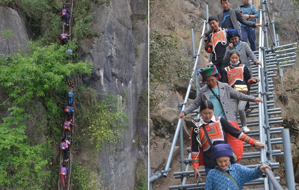 “懸崖村”今昔對比：左圖為2016年5月14日，“懸崖村”的孩子們攀爬木梯回家。右圖為2020年5月13日，“懸崖村”村民帶著行李通過鋼梯下山，搬遷至易地扶貧集中安置點(diǎn)的新家。