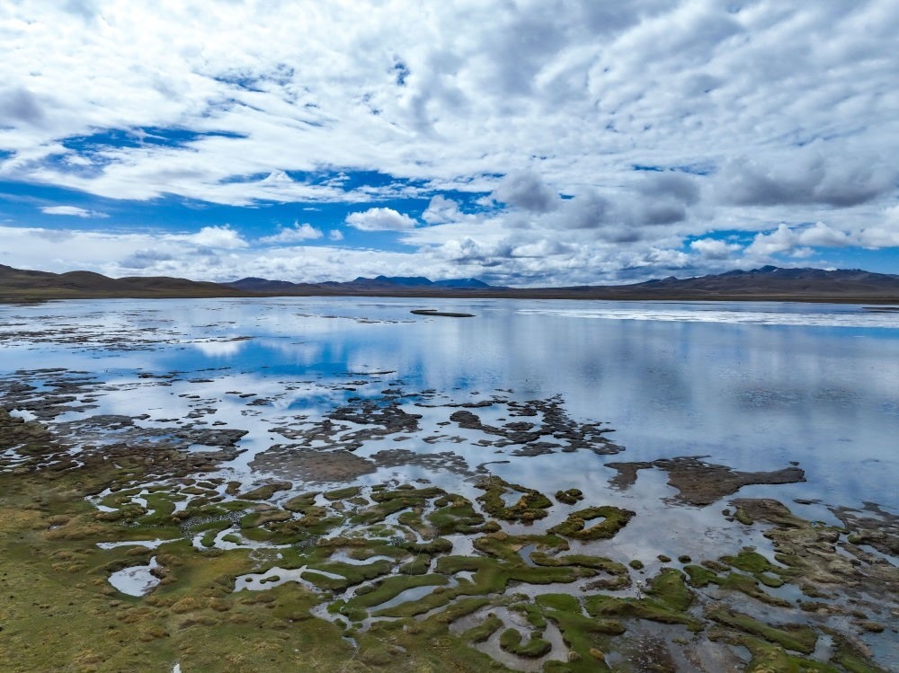 這是2024年5月26日在長(zhǎng)江源頭地區(qū)拍攝的班德湖一角（無(wú)人機(jī)照片）。新華社記者 張龍 攝