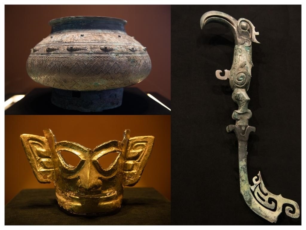拼版照片：左上圖為青銅瓿，左下圖為黃金面具，右圖為青銅樹枝。新華社記者唐文豪 攝