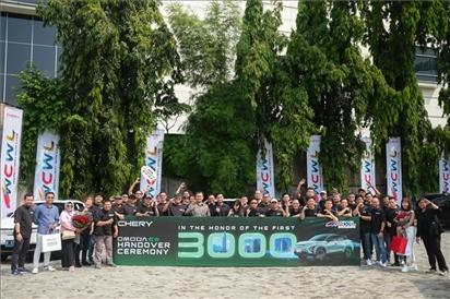 8月3日，中國車企奇瑞在雅加達舉行活動，慶祝在印尼交付第3000輛電動汽車OMODA E5。奇瑞汽車印度尼西亞銷售公司供圖