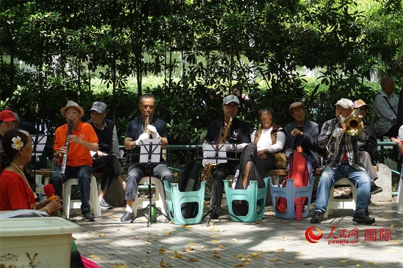 成都居民在公園里演奏歌曲。人民網(wǎng) 王禹蘅攝