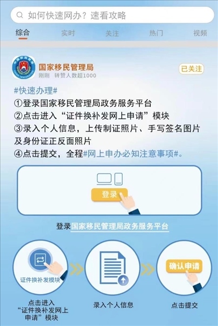 國家移民管理局出入境證件“全程網辦”流程。圖片來源：微信公眾號“國家移民管理局”