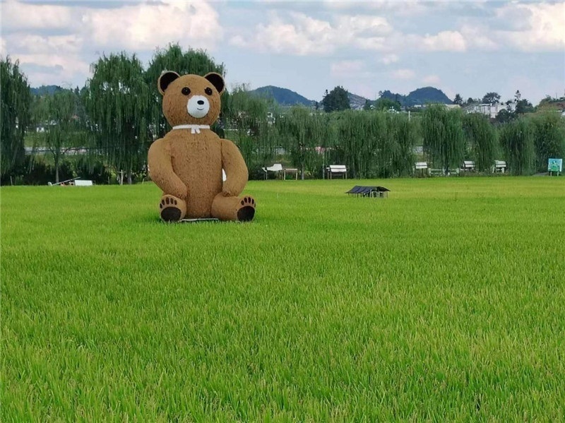 稻穗搖曳，垂柳依依，山嵐多姿，好一幅歲月靜好山鄉(xiāng)恬靜圖。這憨厚俏皮的熊玩偶造型，像是亂入其中，形成現(xiàn)代與傳統(tǒng)、好動與寧靜的反差感，讓人過目不忘，也讓人莞爾一笑。（哈薩克斯坦鳳凰24新聞社總編輯兼首席執(zhí)行官克馬爾·馬山羅攝）