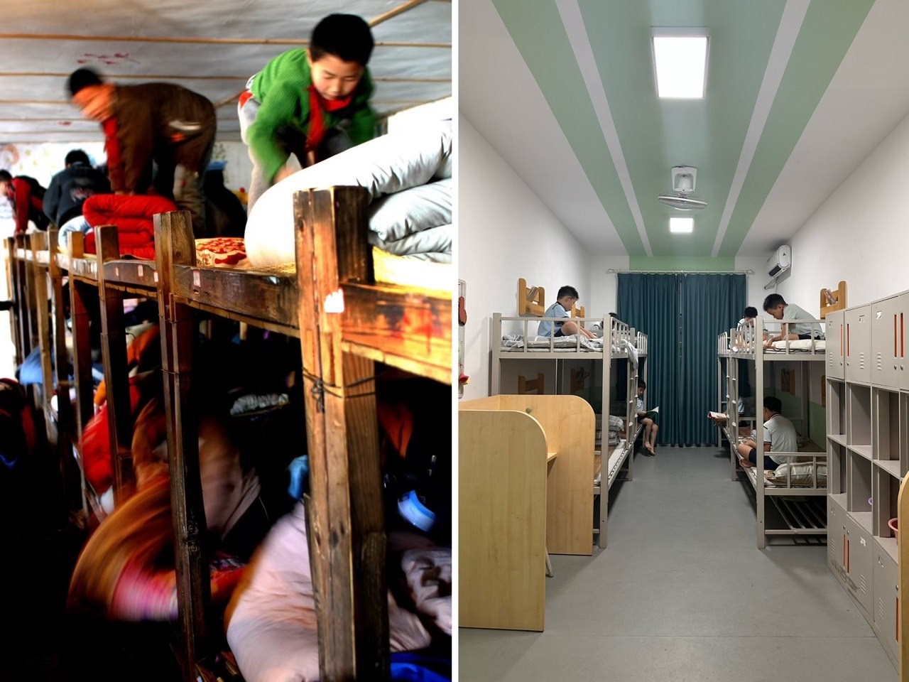 縉云縣東渡鎮(zhèn)長(zhǎng)坑小學(xué)2005年以前的學(xué)生宿舍（左），以及現(xiàn)在的學(xué)生宿舍（右） 學(xué)校供圖