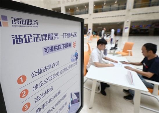 在天津濱海新區(qū)政務服務中心，工作人員在“涉企法律服務一件事”專區(qū)為市民提供服務（2024年7月31日攝）。新華社記者 趙子碩 攝