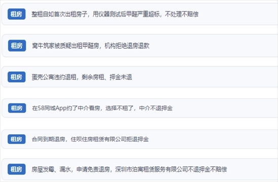 網(wǎng)友涉及租房消費中的相關(guān)投訴問題。（“人民投訴”用戶投訴截圖）