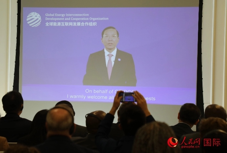 全球能源互聯(lián)網(wǎng)發(fā)展合作組織主席、中國電力企業(yè)聯(lián)合會理事長辛保安通過視頻方式致辭。人民網(wǎng)記者 李志偉攝