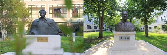 拼版照片：左圖為中央黨校（國(guó)家行政學(xué)院）校園內(nèi)的焦裕祿雕塑；右圖為中央黨校（國(guó)家行政學(xué)院）校園內(nèi)的谷文昌雕塑。