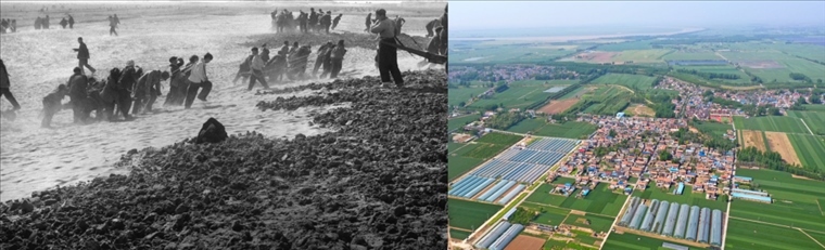 拼版照片：左圖為蘭考群眾在拉淤土壓沙（新華社記者 鄧歷耕 攝）；右圖為2024年4月25日拍攝的蘭考縣張莊村（無(wú)人機(jī)照片，新華社記者 郝源 攝）。