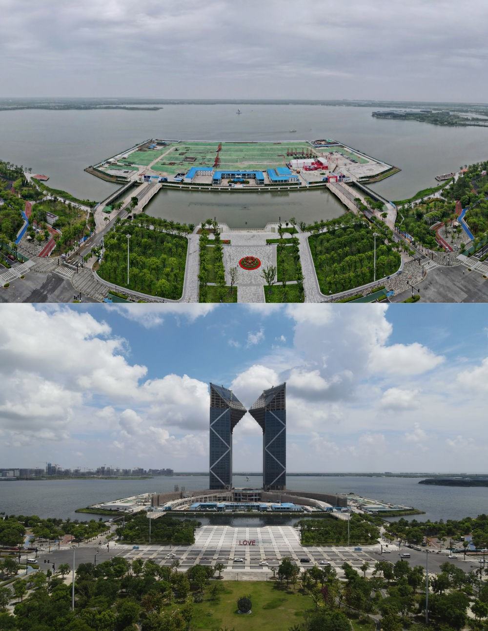 拼版照片：空中俯瞰中國（上海）自由貿(mào)易試驗(yàn)區(qū)臨港新片區(qū)滴水湖西島中銀金融中心項(xiàng)目現(xiàn)場（上圖為2021年6月20日攝，無人機(jī)照片；下圖為2024年8月14日攝，無人機(jī)照片）。2019年8月20日，臨港新片區(qū)揭牌成立，一個(gè)開放新高地在長江與東海交匯處日益崛起。