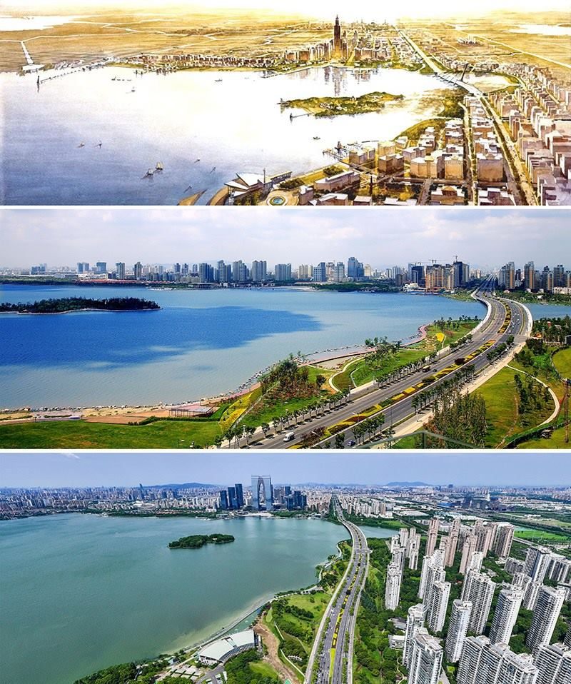拼版照片：上圖為1994年繪制的蘇州工業(yè)園區(qū)手繪規(guī)劃圖；中圖為2007年拍攝的蘇州工業(yè)園區(qū)；下圖為2023年7月4日用無人機拍攝的蘇州工業(yè)園區(qū)。