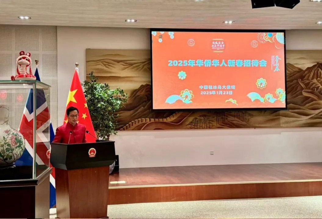 中國(guó)駐冰島大使何儒龍致辭。中國(guó)駐冰島大使館供圖