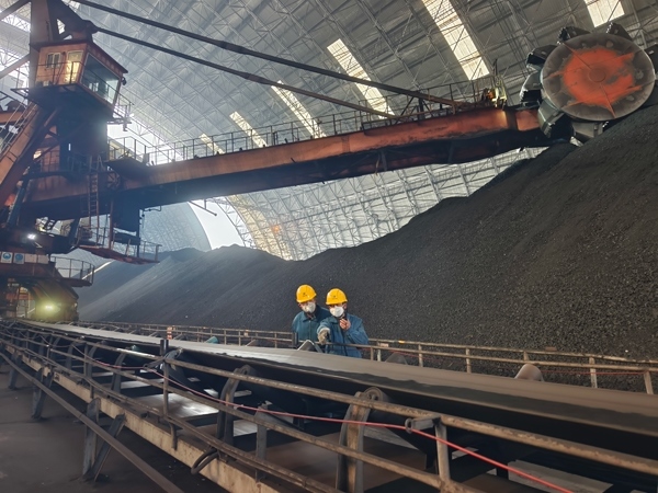 趙善國（右）和同事對電廠煤場進(jìn)行巡檢。受訪者供圖