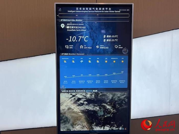 摩天輪等候大廳實時顯示的氣象信息。人民網(wǎng) 高清揚攝