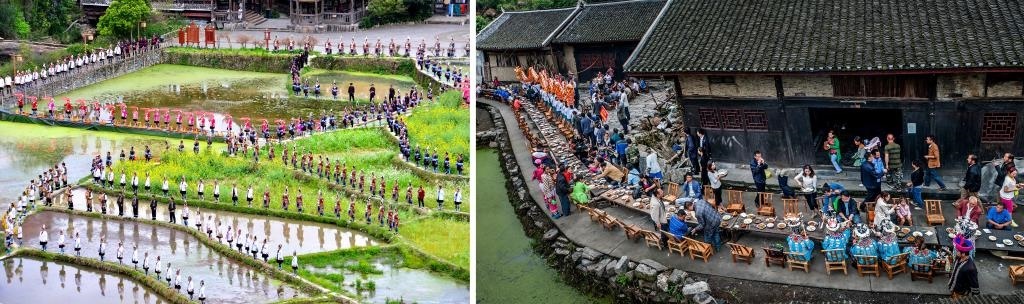 左圖：近期，人們在黎平縣肇興侗寨的田園里演唱侗族大歌（黎平縣委宣傳部供圖）；右圖：這是2023年拍攝的十八洞村長桌宴（湘西州委宣傳部供圖）。