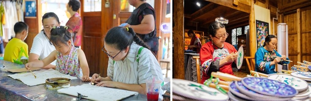 左圖：近期，游客在黎平縣肇興侗寨體驗非遺蠟染藝術(shù)（黎平縣委宣傳部供圖）；右圖：這是2024年拍攝的繡娘在十八洞村梨子寨苗繡鄉(xiāng)村振興示范基地制作苗繡產(chǎn)品（湘西州委宣傳部供圖）。