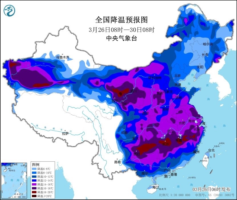 全國(guó)降溫預(yù)報(bào)圖（3月26日08時(shí)-3月30日08時(shí)）