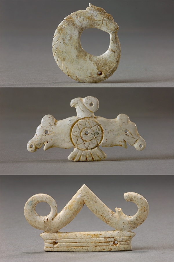 玉龍（上）、玉鷹（中）和玉冠飾（下）。國家文物局供圖