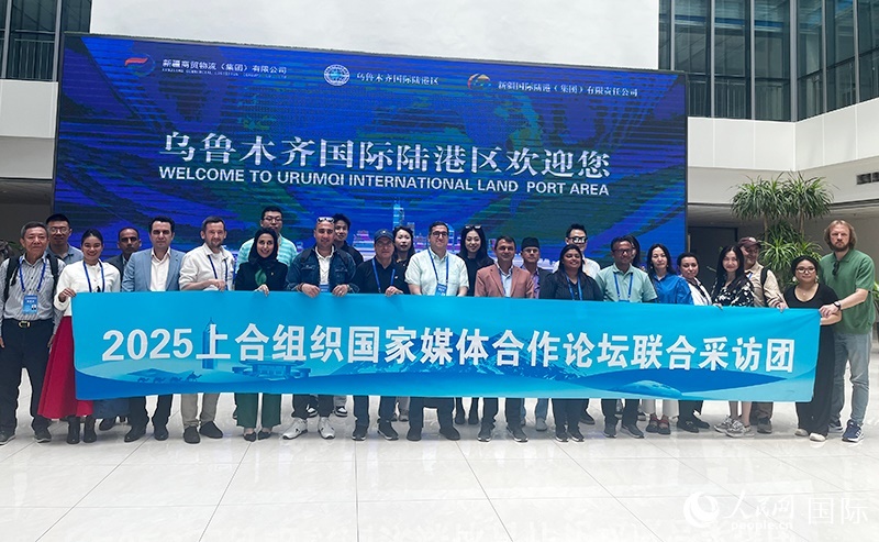 5月26日，外國媒體人在烏魯木齊國際陸港區(qū)合影留念。 人民網記者 翟轉麗攝