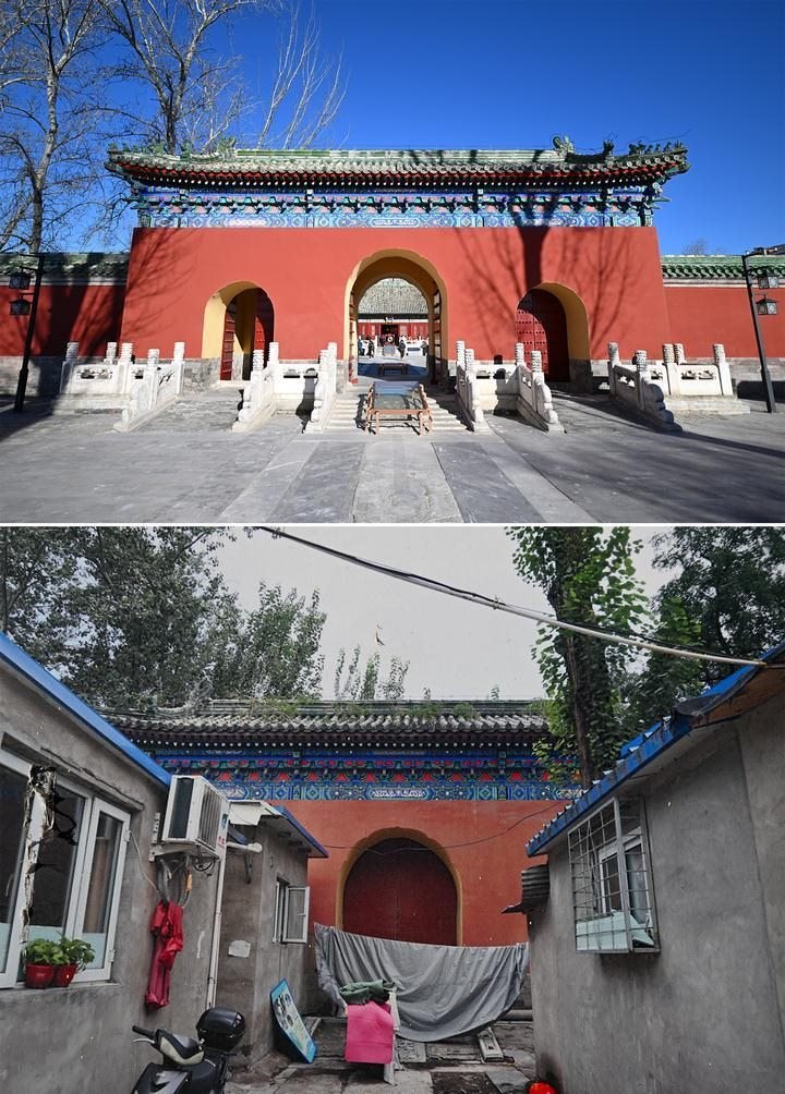 位于先農(nóng)壇內(nèi)的慶成宮，曾長時間被雜亂的民居占據(jù)。在北京中軸線申遺保護工作的帶動下，北京完成了慶成宮區(qū)域文物征收騰退、非文物建筑拆除、彩畫保護、本體修繕、展覽布陳等，讓560多年歷史的古建群重新回歸。2024年12月，北京中軸線上先農(nóng)壇內(nèi)的慶成宮首次面向社會公眾開放。上圖為騰退修繕后的慶成宮內(nèi)宮門（資料照片）；下圖為翻拍的慶成宮內(nèi)宮門騰退修繕前的資料照片（2024年12月21日攝）。